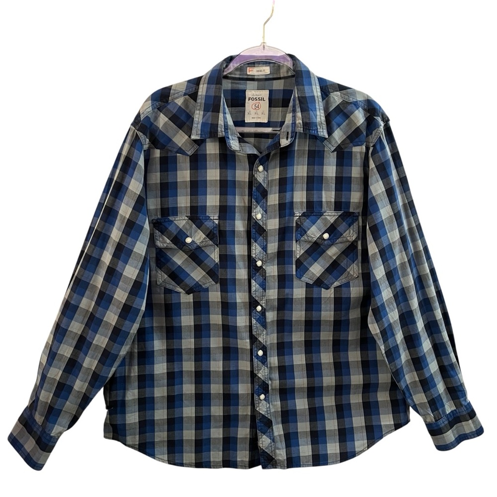 FOSSIL SHIRT, Mens XL, Vintage Fit Blue Western Plaid Pearl Snap w/ Long Sleeves